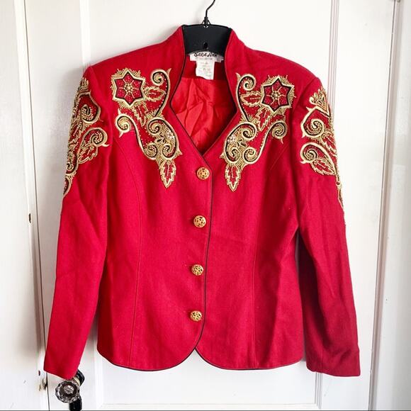 Authentic Original Vintage Style Jackets & Blazers - Vintage Ornate Beaded Wool Jacket Blazer Red Notched Collar Gold Size 10